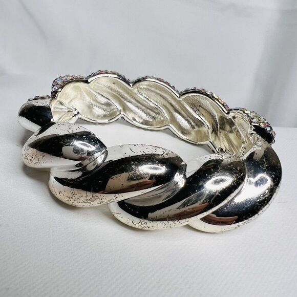 Vintage Aurora Borealis AB Rhinestone Pave Silver Clamper Bracelet Dazzling 4755 - Picture 8 of 14